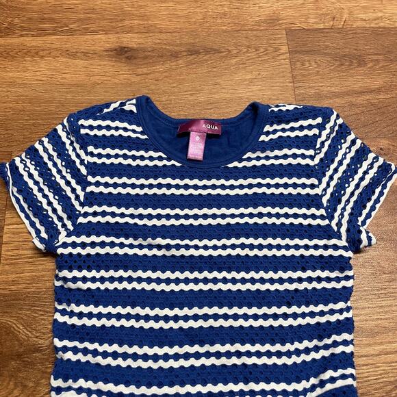 Aqua Girls Blue White Striped Eyelet Jersey Skater Dress Size Medium Stretchy - Picture 5 of 6